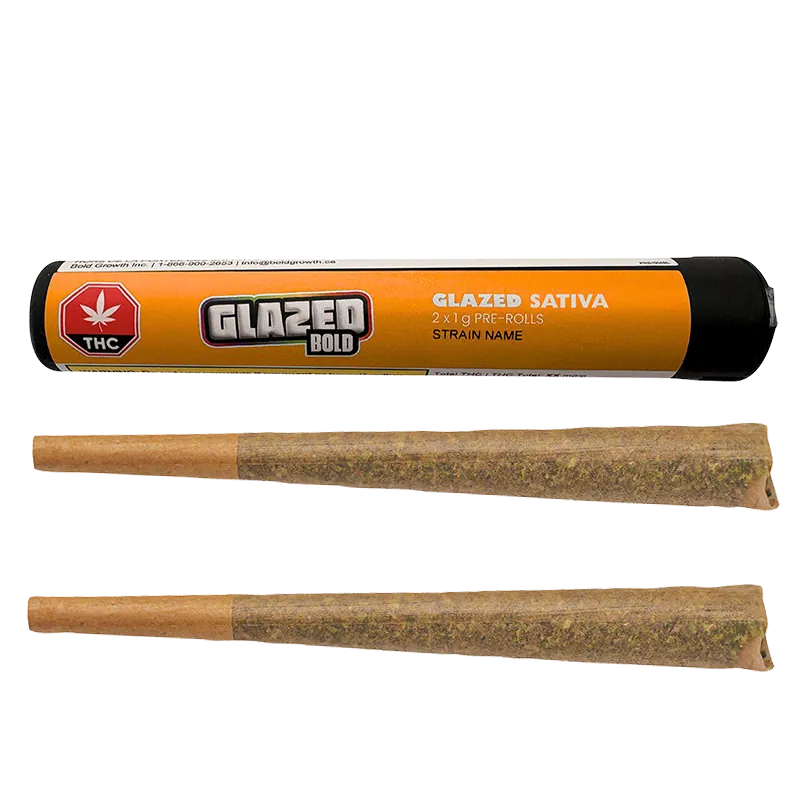 Top-down view of a Glazed PR 2 x 1 g black and orange tube labeled "GLAZED BOLD" with two pre-rolls laid below.