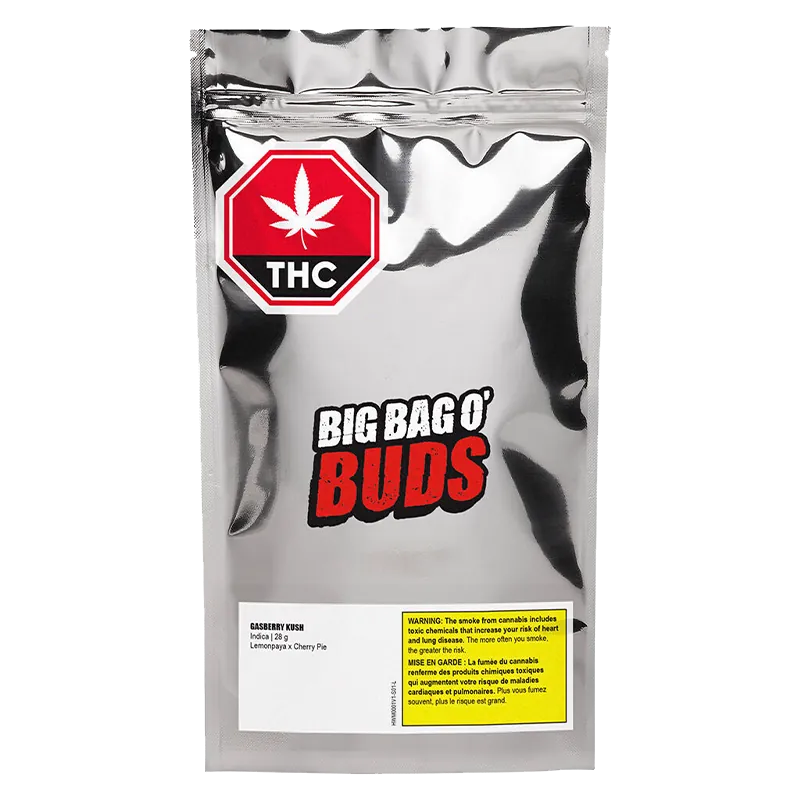 Front view of a reflective silver pouch labeled Big Bag O' Buds containing "Gasberry Kush," with a red THC stop-sign logo near the top.