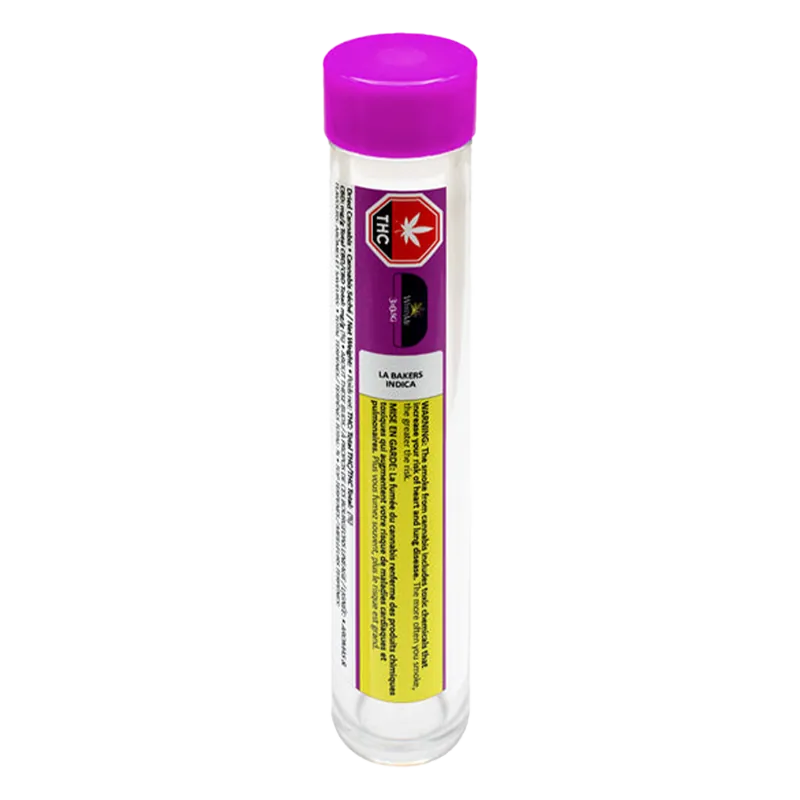 Tall front-facing clear tube with a purple cap and labels, showing the LA Bakers PR 3 x 0.5 g vial against a white background.