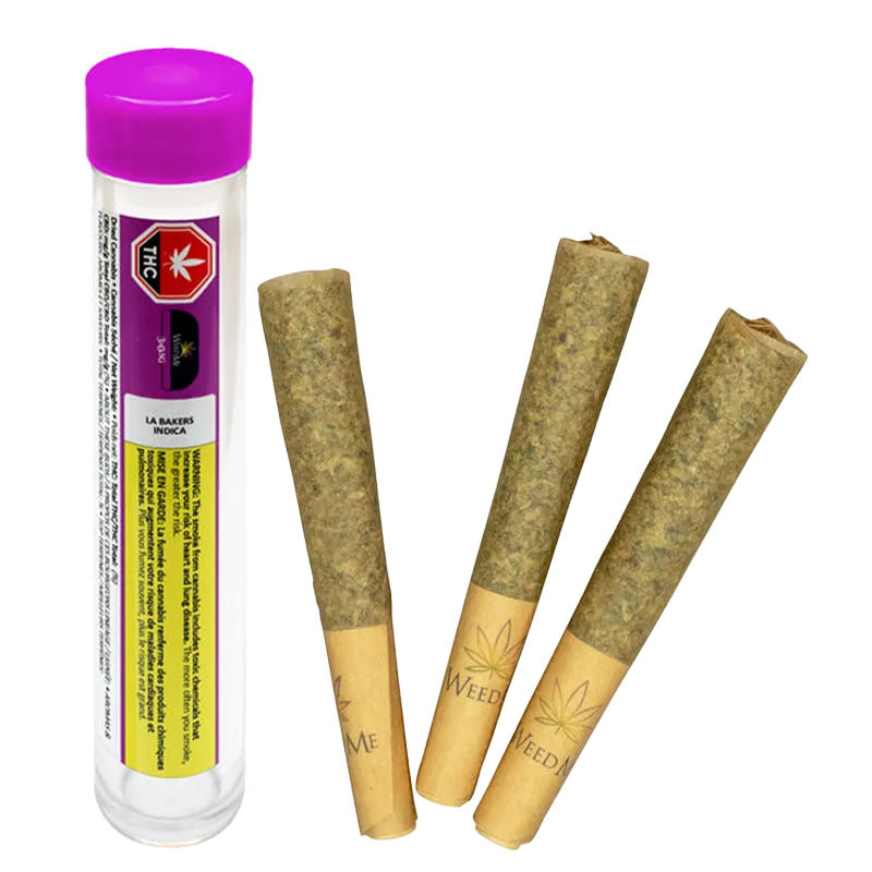 Three pre-rolled joints arranged upright next to a clear tube with a purple cap labeled LA Bakers PR 3 x 0.5 g.