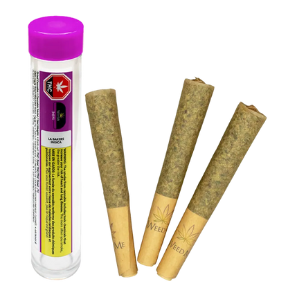Three pre-rolled joints arranged upright next to a clear tube with a purple cap labeled LA Bakers PR 3 x 0.5 g.
