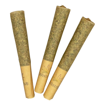 Three angled LA Bakers PR 3 x 0.5 g pre-rolls with leaf-printed brown paper tips on a white background