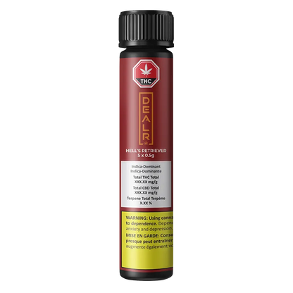 Front-facing shot of the red cylindrical tube labeled Hell's Retriever PR 5 x 0.5 g with a black cap against a white background