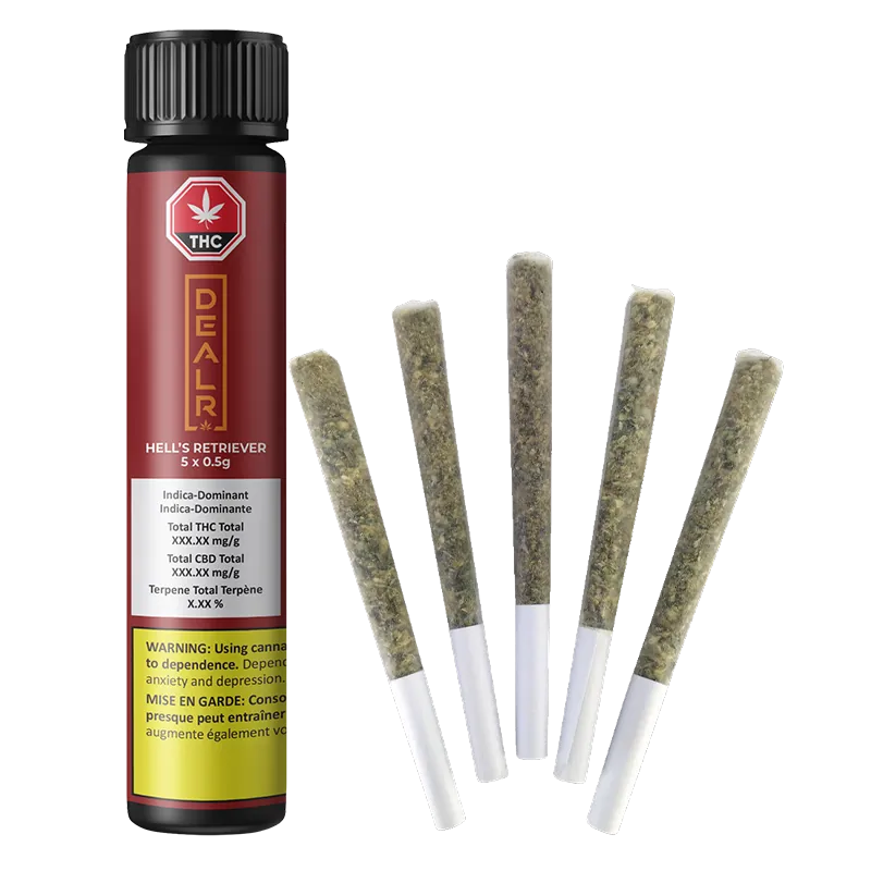 Tall front view of a red tube and five cone-shaped pre-rolls arranged fanned out, labeled "Hell's Retriever PR 5 x 0.5 g."