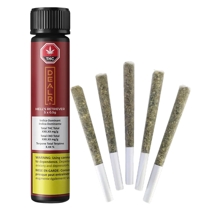Tall front view of a red tube and five cone-shaped pre-rolls arranged fanned out, labeled "Hell's Retriever PR 5 x 0.5 g."