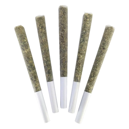Top-down view of five cone-shaped pre-rolls arranged fan-like, showing the green herb and white tips of Hell's Retriever PR 5 x 0.5 g.