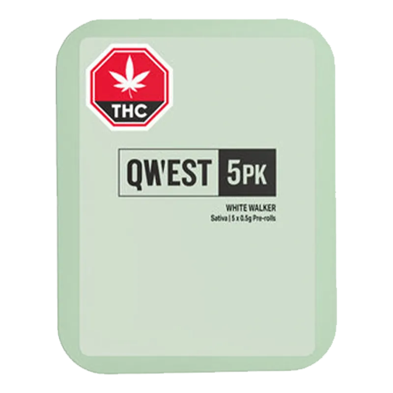Top-down view of a pale green tin labeled White Walker PR 5 x 0.5 g with a red THC octagon and bold QWEST 5PK branding.