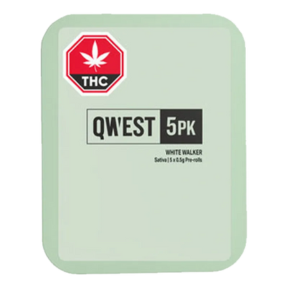 Top-down view of a pale green tin labeled White Walker PR 5 x 0.5 g with a red THC octagon and bold QWEST 5PK branding.