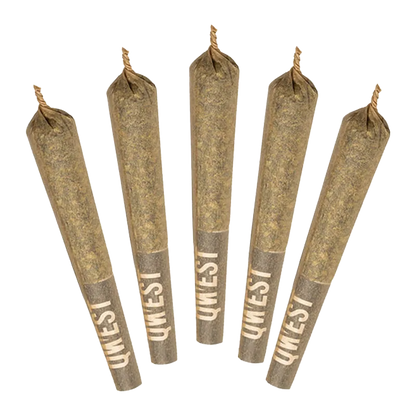 Top-down view of five cone-shaped White Walker PR 5 x 0.5 g pre-rolls fanned out with twisted tips and branded brown crutch ends.