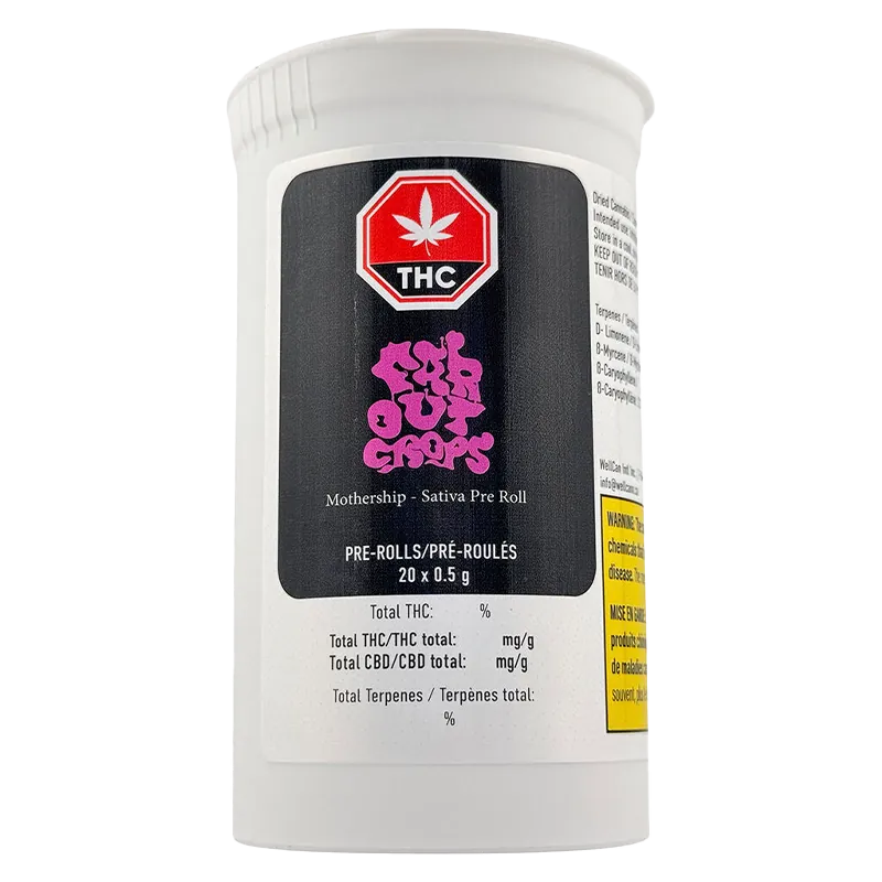Front view of the Mothership 4 Strain Variety Pack PR 20 x 0.5 g white plastic container with a black label and pink logo.