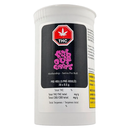 Front view of the Mothership 4 Strain Variety Pack PR 20 x 0.5 g white plastic container with a black label and pink logo.