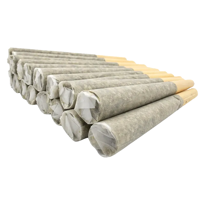 Angled close-up of a staggered row of pre-rolled joints labeled Mothership 4 Strain Variety Pack PR 20 x 0.5 g, showing paper tips and twisted ends.