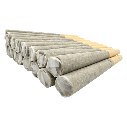 Angled close-up of a staggered row of pre-rolled joints labeled Mothership 4 Strain Variety Pack PR 20 x 0.5 g, showing paper tips and twisted ends.