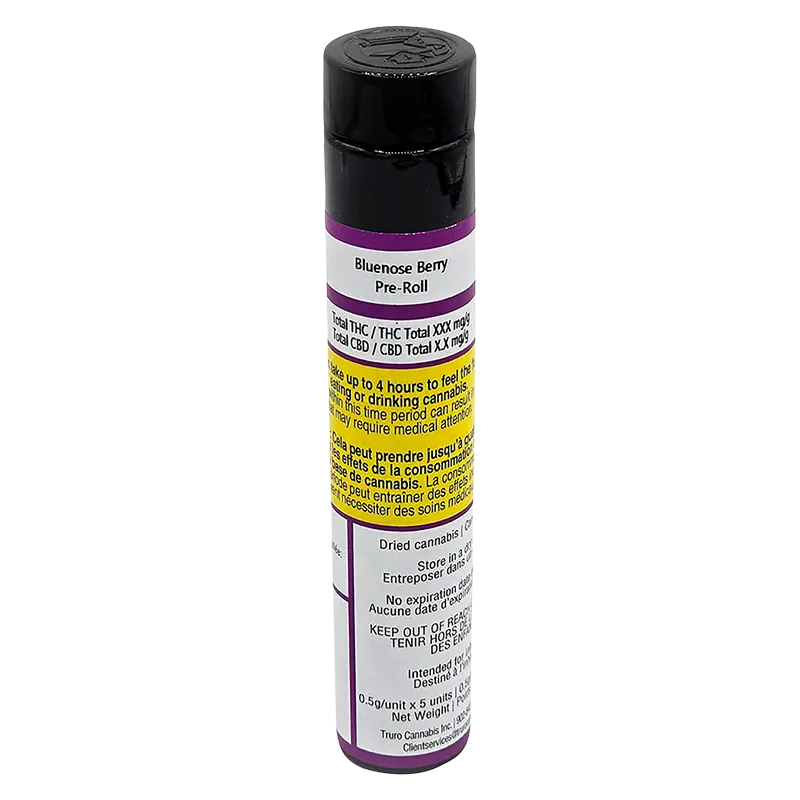 Tall cylindrical tube photographed upright on a white background showing the label of "Bluenose Berry PR 5 x 0.5 g" with a black cap and purple accents.