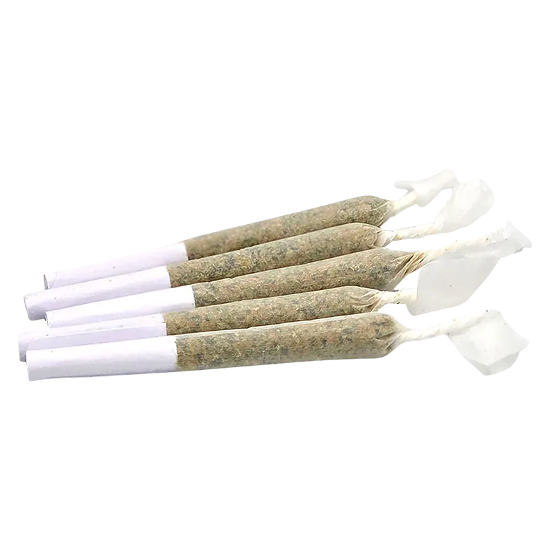 Angled close-up of five pre-rolled joints arranged in a neat row, labeled "Bluenose Berry PR 5 x 0.5 g."