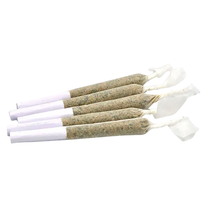 Angled close-up of five pre-rolled joints arranged in a neat row, labeled "Bluenose Berry PR 5 x 0.5 g."