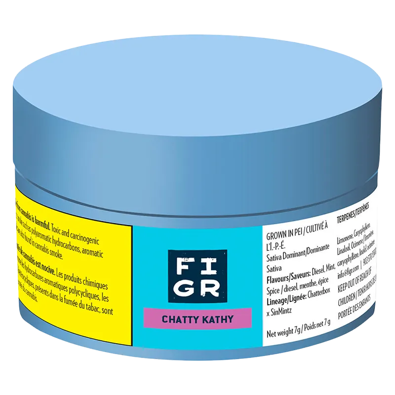Front-angle view of the blue-lidded FIGR Chatty Kathy jar showing its turquoise label, centered logo, and small white ingredient panel.