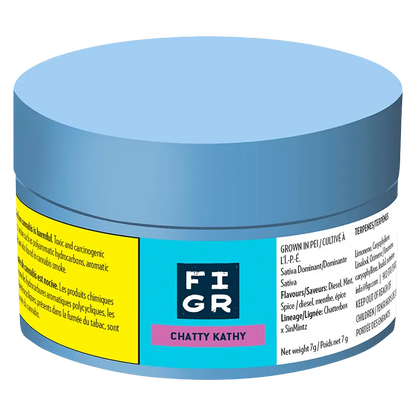 Front-angle view of the blue-lidded FIGR Chatty Kathy jar showing its turquoise label, centered logo, and small white ingredient panel.