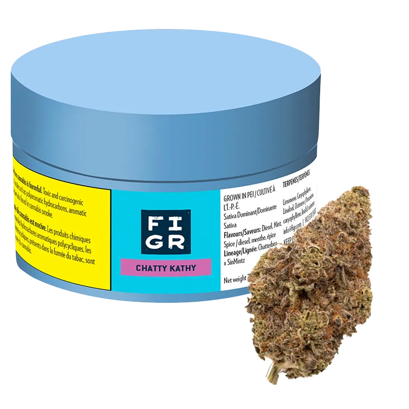 Front-angle view of a blue-lidded FIGR Chatty Kathy jar with its label visible beside a single cannabis bud.