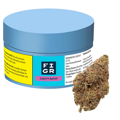 Front-angle view of a blue-lidded FIGR Chatty Kathy jar with its label visible beside a single cannabis bud.