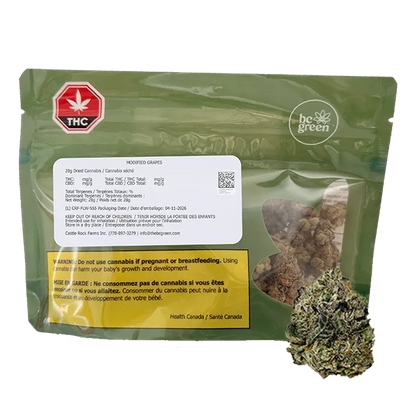 Rear view of a green bc green Modified Grapes pouch with a white info label, yellow warning panel, and visible cannabis buds through a clear window.