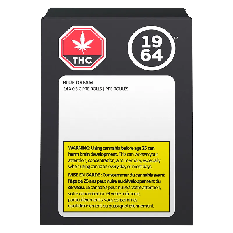 Front-facing image of the Blue Dream PR 14 x 0.5 g black box with white label, red THC symbol and yellow warning panel.