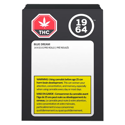 Front-facing image of the Blue Dream PR 14 x 0.5 g black box with white label, red THC symbol and yellow warning panel.