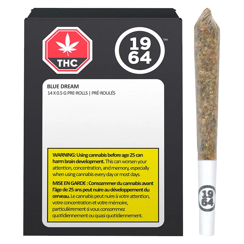 Front-facing image of the Blue Dream PR 14 x 0.5 g black box with white label and yellow warning panel beside a single pre-rolled joint.