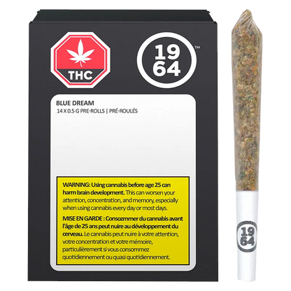 Front-facing image of the Blue Dream PR 14 x 0.5 g black box with white label and yellow warning panel beside a single pre-rolled joint.