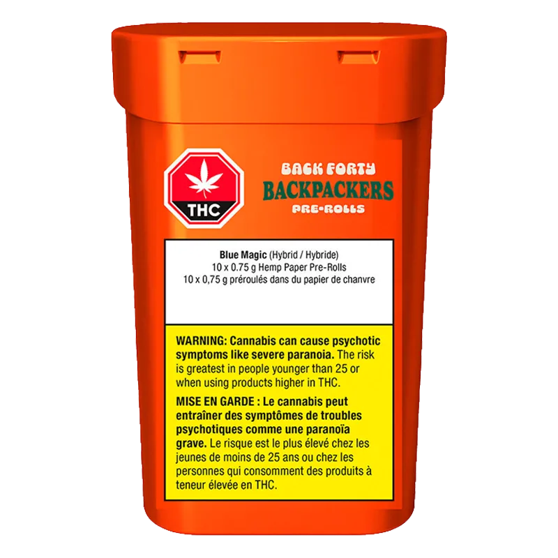 Front-facing shot of an orange container labeled Backpackers Blue Magic PR 10 x 0.75 g with THC icon and warning panel visible