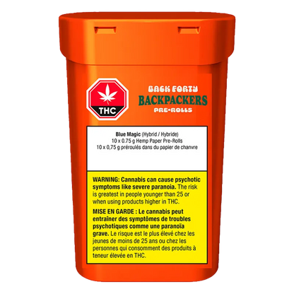 Front-facing shot of an orange container labeled Backpackers Blue Magic PR 10 x 0.75 g with THC icon and warning panel visible