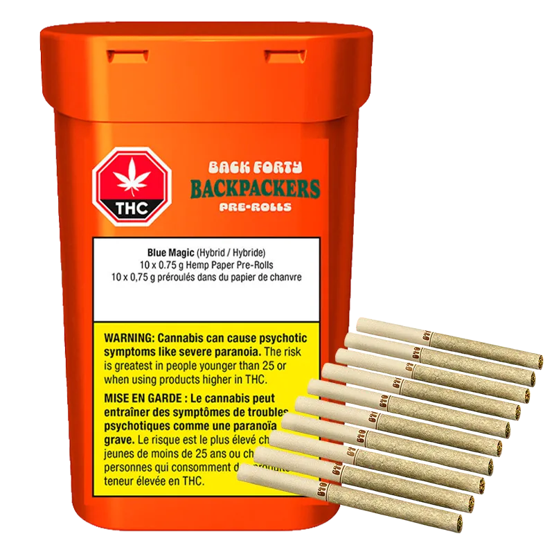 Angled front view of the bright orange Back Forty Backpackers Blue Magic PR 10 x 0.75 g tub with ten hemp pre-rolls fanned at its base.