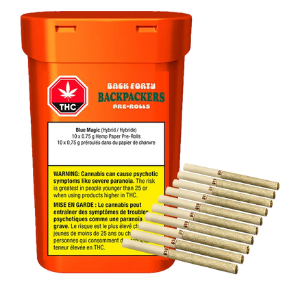 Angled front view of the bright orange Back Forty Backpackers Blue Magic PR 10 x 0.75 g tub with ten hemp pre-rolls fanned at its base.