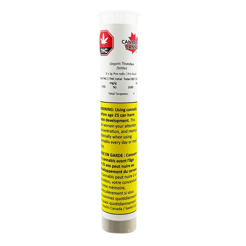 Vertical front view of the white tube labeled Organic Thunder Zkittlez PR 2 x 1 g showing red THC and Canada logos and a yellow bilingual warning panel.