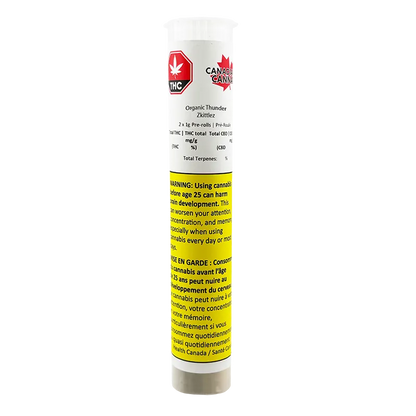 Vertical front view of the white tube labeled Organic Thunder Zkittlez PR 2 x 1 g showing red THC and Canada logos and a yellow bilingual warning panel.