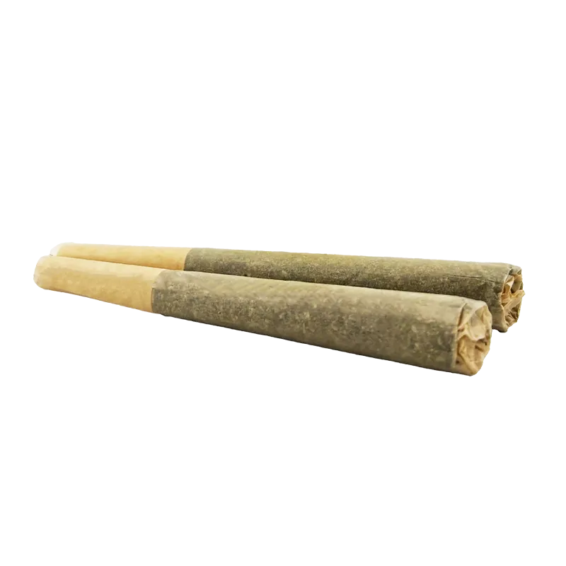 Diagonal close-up of two rolled joints labeled Organic Thunder Zkittlez PR 2 x 1 g resting on a white background, showing textured paper and twisted tips