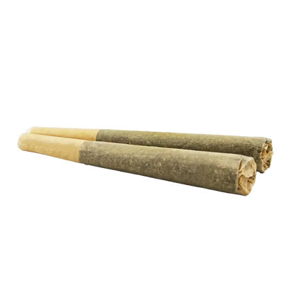 Diagonal close-up of two rolled joints labeled Organic Thunder Zkittlez PR 2 x 1 g resting on a white background, showing textured paper and twisted tips