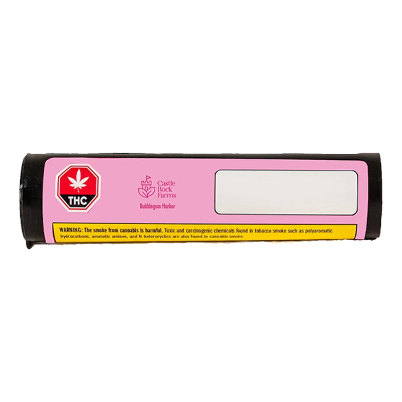 Horizontal front view of the Bubblegum Marker PR 10 x 0.5 g tube with a pink label, THC symbol, Castle Rock Farms logo, and warning strip.