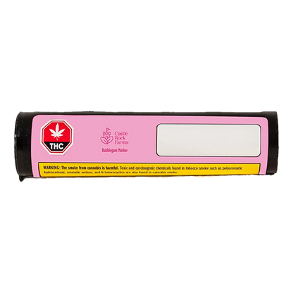 Horizontal front view of the Bubblegum Marker PR 10 x 0.5 g tube with a pink label, THC symbol, Castle Rock Farms logo, and warning strip.