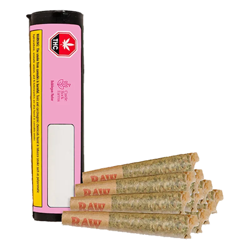 Stacked cone joints in RAW paper shown beside a vertical pink tube labeled Bubblegum Marker PR 10 x 0.5 g.