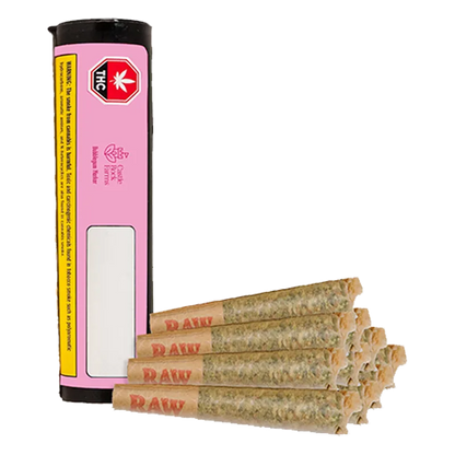 Stacked cone joints in RAW paper shown beside a vertical pink tube labeled Bubblegum Marker PR 10 x 0.5 g.