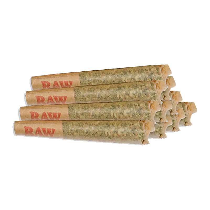 Stacked diagonal view of nine Bubblegum Marker PR 10 x 0.5 g pre-rolls with RAW filters on a white background.