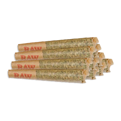Stacked diagonal view of nine Bubblegum Marker PR 10 x 0.5 g pre-rolls with RAW filters on a white background.