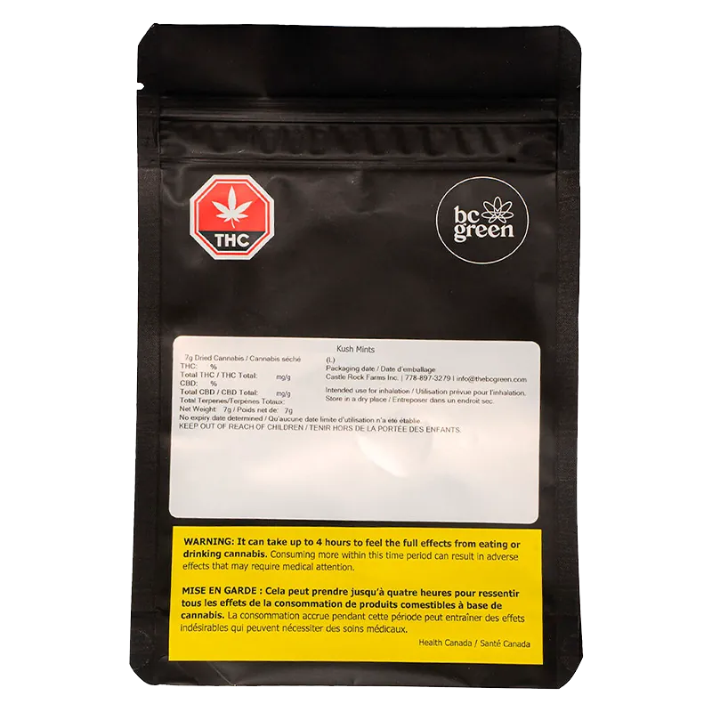 Rear view of a black resealable pouch labeled Kush Mints with a white info panel, red THC symbol, and yellow warning strip.