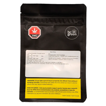 Rear view of a black resealable pouch labeled Kush Mints with a white info panel, red THC symbol, and yellow warning strip.