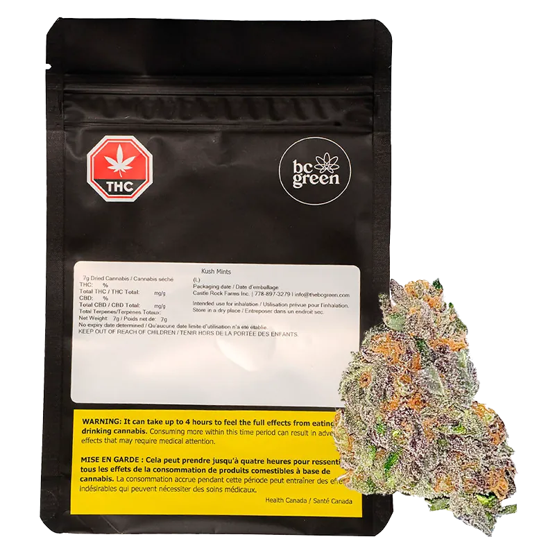 Front-facing black resealable pouch and a frosty green-and-purple bud to the right, labeled "Kush Mints."