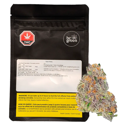 Front-facing black resealable pouch and a frosty green-and-purple bud to the right, labeled "Kush Mints."