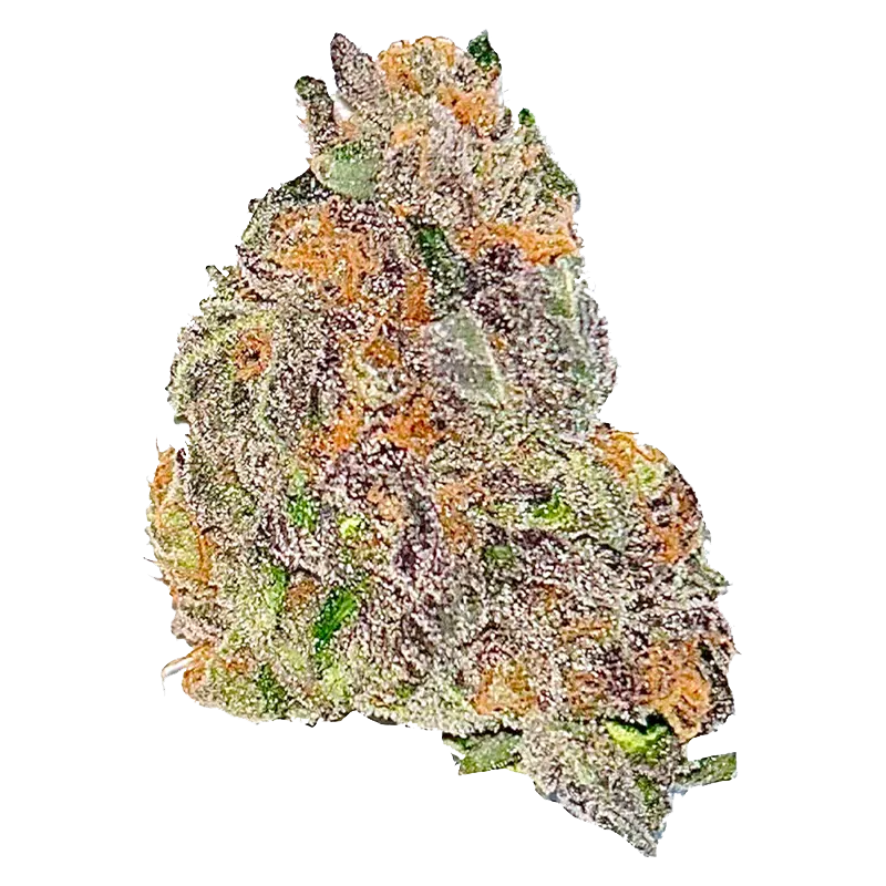 Close-up of a frosty, purple-tinged cannabis bud labeled Kush Mints against a plain white background.