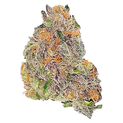 Close-up of a frosty, purple-tinged cannabis bud labeled Kush Mints against a plain white background.