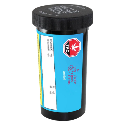 Angled front view of a black prescription-style container labeled Candyland PR 20 x 0.5 g with a bright blue panel and red THC symbol.